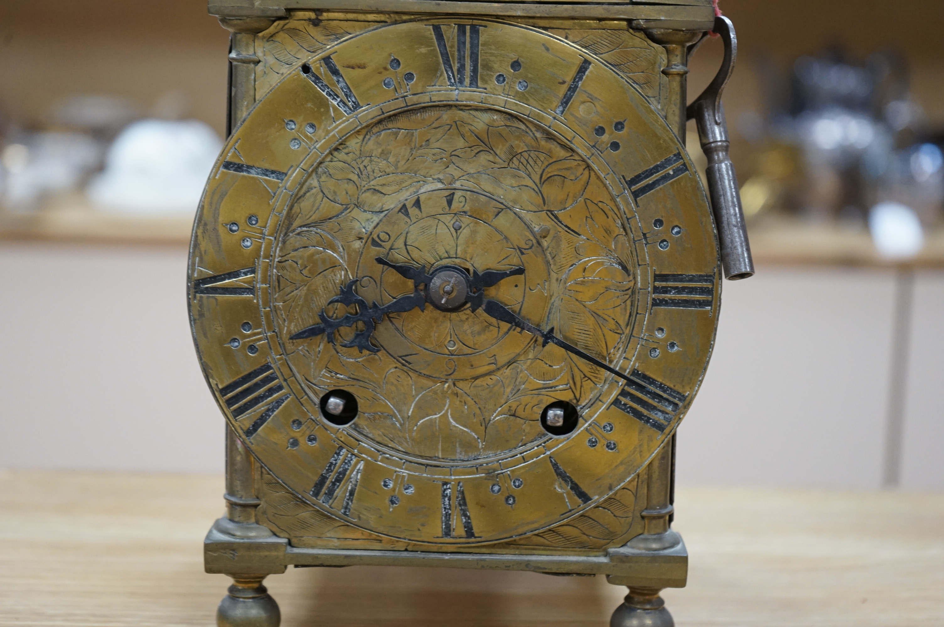 A Victorian brass lantern clock, 39cm high. Condition - unknown if working